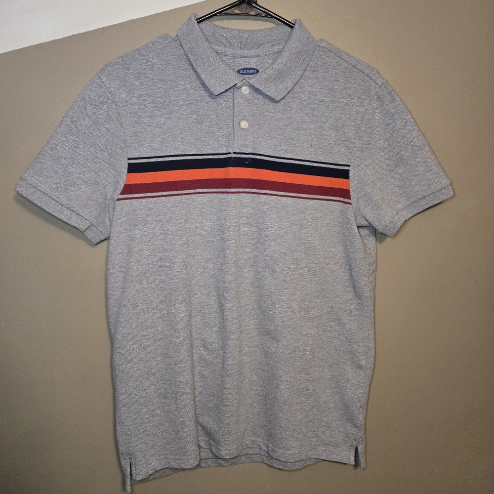 Old Navy Men's S/S Polo Shirt Flex Dry Wicking Heather Gray Stripe Size Small